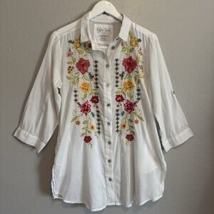 Kyla Seo Embroidered White Cotton Boho Tunic Shirt Pockets Roll Tab Sleeve Med M